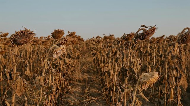 Dried sunflower field under a clear blue sky showcasing nature's beauty and resilience