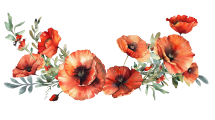 Vibrant red poppies and green leaves arranged beautifully on a transparent background for decoration and design purposes