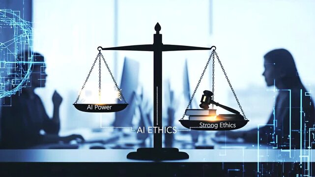 AI ethics illustration with scales representing a balance between power and ethics.