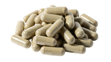 a pile of brown capsules supplements on transparent background