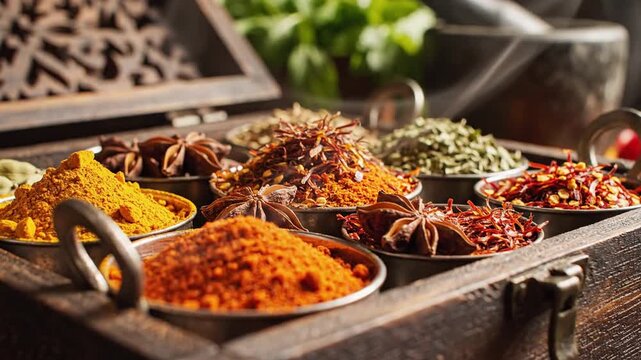 Aromatic and vibrant assortment of ground spices and whole condiments displayed in rustic metal bowls within a wooden box, showcasing the rich flavors of global cuisine