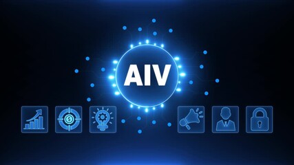 AIV Acronym on Central Circuit Board. Digital Data Neon Circuit Board Concept. Idea, Growth, Target, Marketing, Lock, and Person Icons. Digital Technology Blue Background. 4k Video - Powered by Adobe