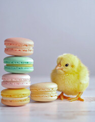 Small chick beside stacked macarons
積み重ねたマカロンの横にいるひよこ
