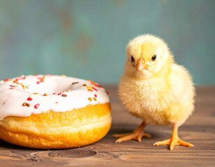 Cute chick next to sprinkled donut
カラースプレーのドーナツのそばのひよこ
