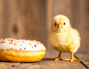 Cute yellow chick standing beside donut
ドーナツの横に立つ黄色いひよこ