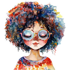 Young girl with colorful curly hair and glasses embracing tranquility in a vibrant shirt