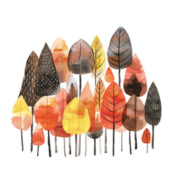 Vibrant autumn forest illustration featuring colorful trees on a transparent background
