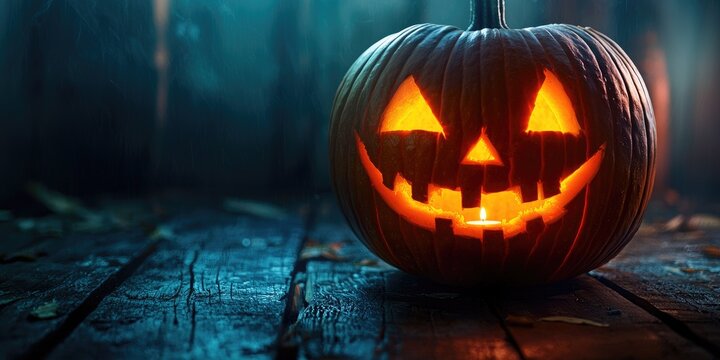 A carved pumpkin with a lit face, sitting on a wooden table with a dark background.