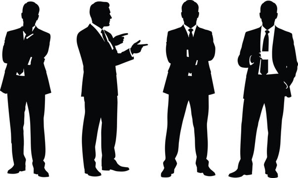 Black silhouette set of 4 business professionals in suits with varied gestures including crossed arms, speaking, and holding cup