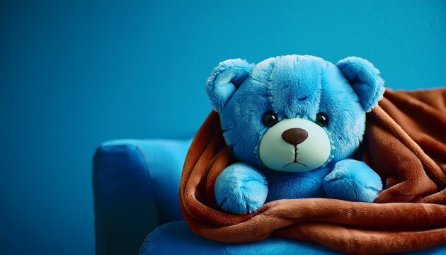 Close-up of sad blue teddy bear plushie wrapped in a blanket on a ble sofa on blue background with copy space