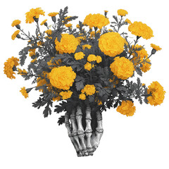 Bright yellow marigold flowers arranged in a skeleton hand vase, perfect for Halloween decor or autumn celebrations