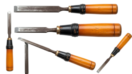 various woodworking chisels with wooden handles on transparent background
