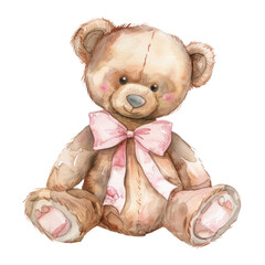 Soft and cuddly teddy bear with a pink ribbon sitting against a transparent background