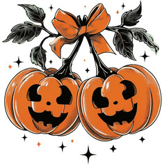 Two smiling Halloween pumpkins with a bow and stars on a transparent background