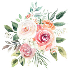 Beautiful watercolor floral arrangement featuring pink and white roses with green foliage