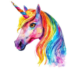 Colorful unicorn with rainbow mane and sparkling horn on transparent background