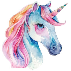 Colorful watercolor unicorn head illustration with pastel mane and horn on transparent background
