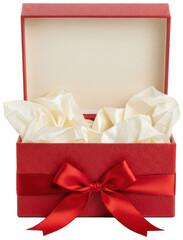 Red Gift Box png Open Present cutout Empty Container png Satin Ribbon cutout Tied Bow png Holiday Parcel cutout Celebration Box png Luxurious Gift cutout isolated transparent background image