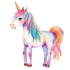 Colorful unicorn with flowing mane and sparkly horn standing on a transparent background