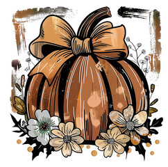 Colorful pumpkin with bow and flowers in an artistic design suitable for fall decorations