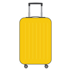 Yellow modern suitcase on wheels with retractable handle for travel. Flat vector illustration isolated on a white background