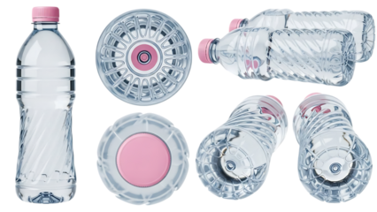 plastic water bottles with caps in various angles on transparent background