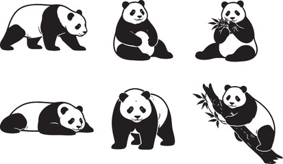 Giant panda silhouette activity pose set black and white line art © chien