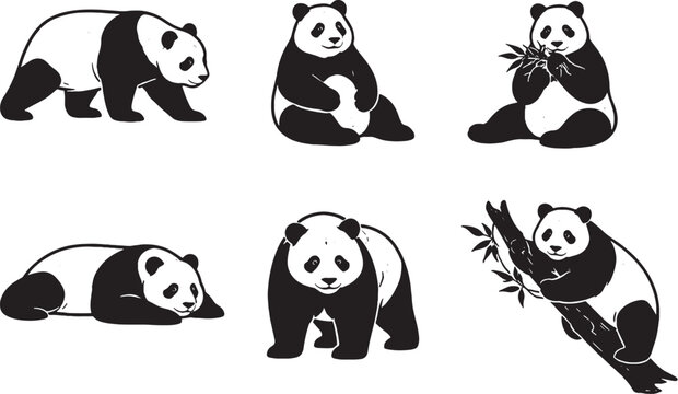 Giant panda silhouette activity pose set black and white line art