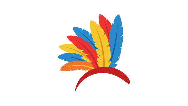 Colorful illustration of a stylized feather design with red, blue, yellow, and orange feathers on a white background.