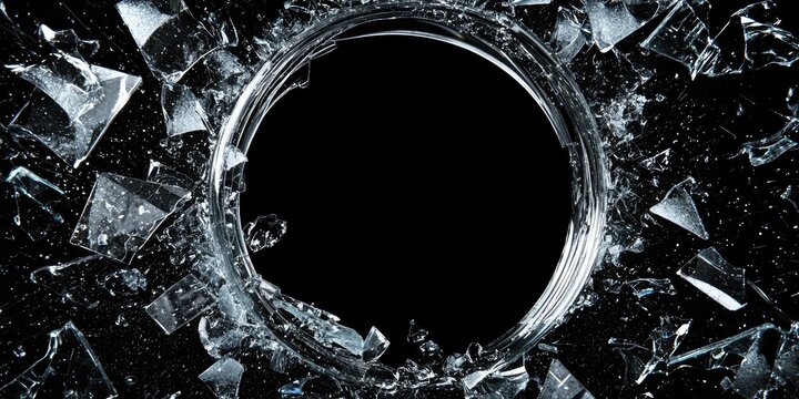 A shattered glass window with a circular hole in the center, surrounded by jagged shards of glass and a dark, empty space.