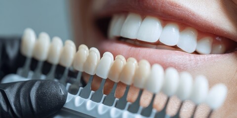 The teeth with a dental shade guide during a cosmetic teeth whitening consultation