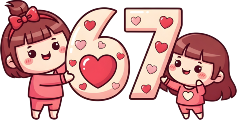 Two cartoon girls holding a large number 67 with hearts.