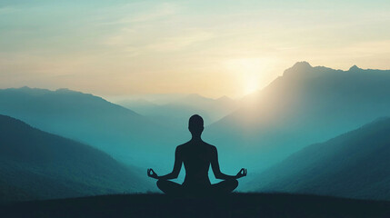 Meditating in front of mountain horizon during sunrise near valley Generative AI