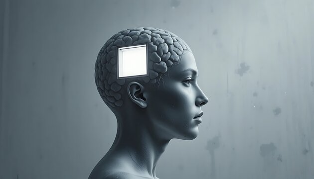 Close-up of a sculpture of a human head with a brain and an open square on its scalp against a grey background.