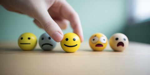 The smiling emoji ball selected among varied emotional faces representing mood choice