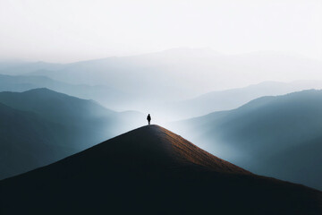 Lone hiker stands on ridge with strong backlight against mountain backdrop Generative AI