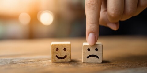 The wooden blocks showing contrasting happy and sad faces with a pointing finger