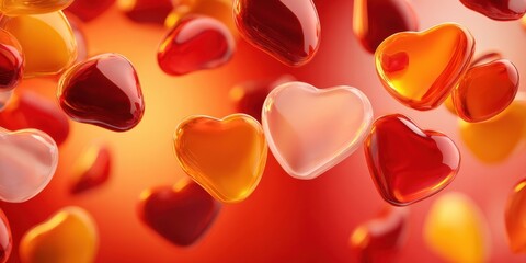 The Hearts Floating in Warm Glowing Amber and Red Abstract 3D Background
