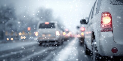 The car in snowy winter traffic with glowing taillights and falling snowflakes