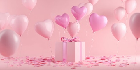 The Gift Box Surrounded by Heart Balloons and Rose Petals on Pink Background