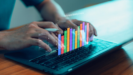 Performance marketing and analytics data for business growth. This digital laptop chart strategy shows a dashboard for performance tracking and professional financial analysis.