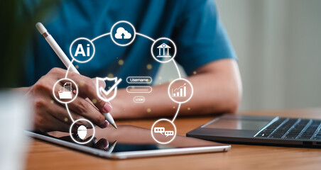 Security and cyber technology on tablet with login and artificial intelligence. This banking business digital data protection concept shows a secure interface for private information safety