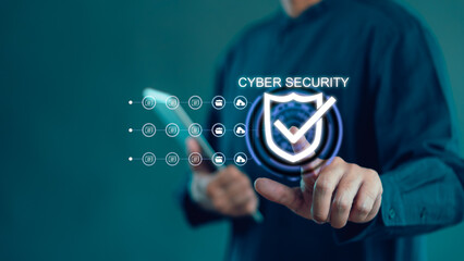 Cyber security and technology for data protection. This cloud network business security concept features a digital shield on a tablet for safe information management and privacy.