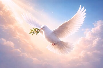 Fototapeta premium Minimalist Christian wallpaper featuring a graceful dove in flight against a soft gradient background, symbolizing peace, purity, and the Holy Spirit