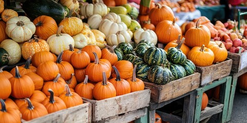 A variety of pumpkins and gourds displayed on wooden crates at a market stand.