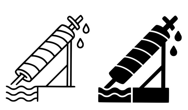 Antique icon, Archimedes screw illustration in outline and silhouette style