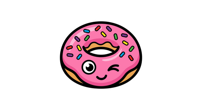 A cute cartoon donut with a smiling face and colorful sprinkles on a white background