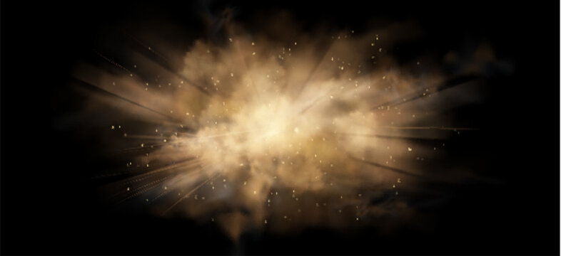 Sand explosion with flying dust particles and radial light rays on black background. Brown desert cloud bursting outward with realistic smoke effect. Sandstorm overlay with dynamic powder splash
