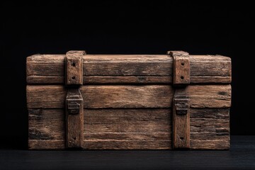 Close-up view of an antique, wooden chest, showcasing its aged texture and secure latches, against a dark backdrop