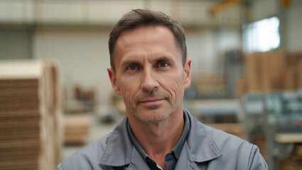 Obraz premium A confident man wearing a gray work uniform stands in a manufacturing facility surrounded by wooden materials. Industrial workplace atmosphere.